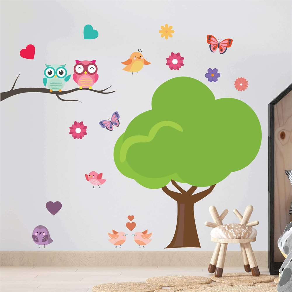Pembe Sevimli Baykuş Çiçek Ağaç ve Kuş Sticker