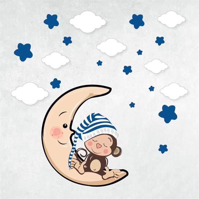 Lacivert Uyuyan Maymun Bebek Çocuk Odası Duvar Sticker