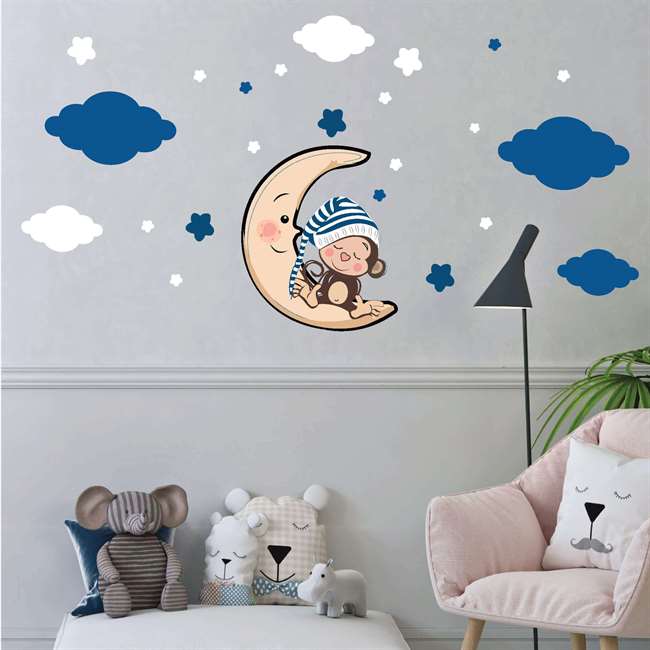 Lacivert Uyuyan Maymun Bebek Çocuk Odası Duvar Sticker