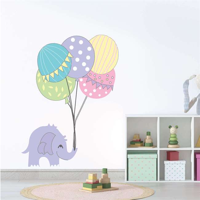 Lila Fil ve Balon Bebek Çocuk Odası Duvar Sticker