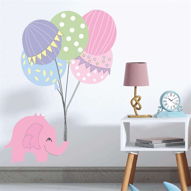 Pembe Fil ve Balon Bebek Çocuk Odası Duvar Sticker