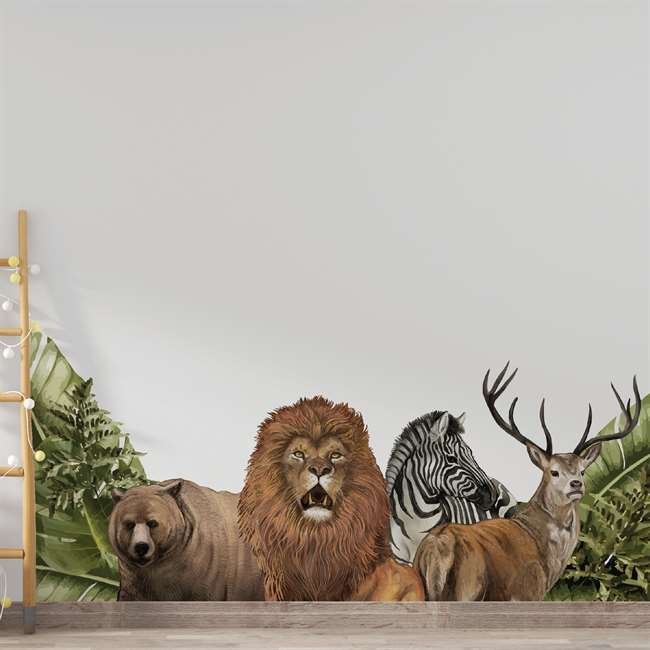 Safari Tropikal Hayvanlar ve Yapraklar Çocuk Odası Duvar Sticker