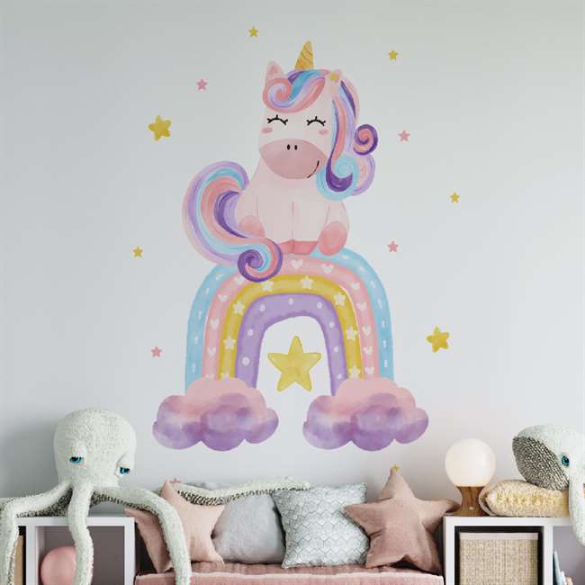 Unicorn Gökkuşağı ve Yıldızlar Çocuk Odası Dekoratif Sticker